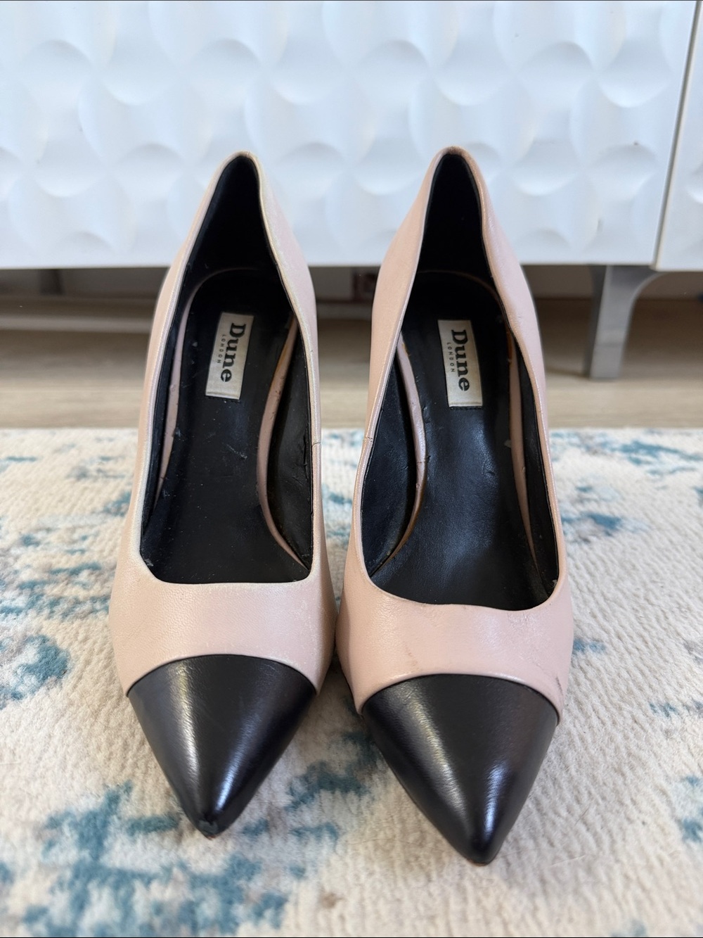 Dune London Blush and Black Two-Tone Pointed Toe Pumps